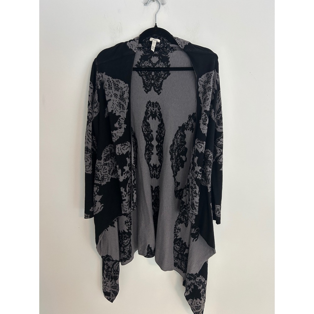 Witchy Gothic Knit Cardigan Sweater Black Grey Damask Handkerchief Hem Medium